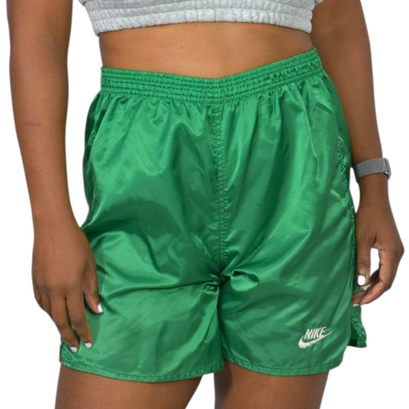 Vintage Nike Nylon Shorts Green High Waist Running Athletic Logo Shiny 80s Small - Picture 10 of 15